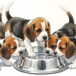 Beagle Puppy Approaches The Crowded Water Bowl