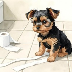 Brown Yorkshire Terrier Puppy With Unrolled Toilet Paper Trail