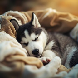 Sleepy Husky Puppy Naps In Laundry Nest