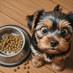 Apologetic Brown Yorkshire Terrier Puppy With Messy Bowl