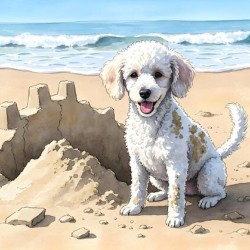 Happy White Poodle Puppy Sits In Destroyed Sand Castle Ruins