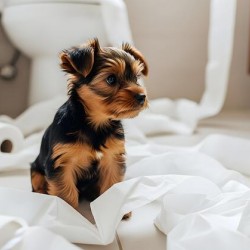 Brown Yorkshire Terrier Puppy With Unrolled Toilet Paper Trail Mess