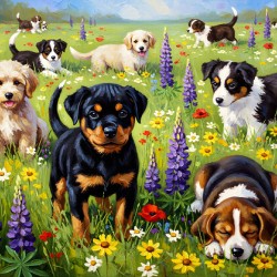 Rottweiler Puppy Discovers Wildflower Field
