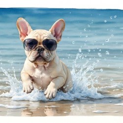 Cream French Bulldog Puppy Splashing In Ocean With Sunglasses