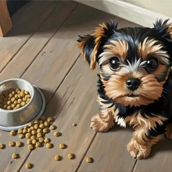 Brown Yorkshire Terrier Puppy With Overturned Food Bowl