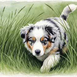 Blue Merle Australian Shepherd Puppy Searches Through Tall Grass