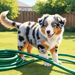 Australian Shepherd Puppy Discovers Garden Hose
