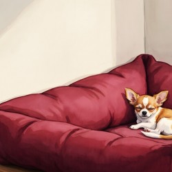 Sleepy Chihuahua Puppy Naps In Corner Of Giant Bed