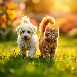 Bichon Frise Puppy And Cat Walk Together As Friends