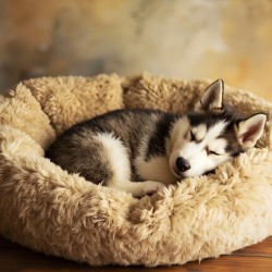 Sleepy Husky Puppy Napping In Corner Of Giant Bed