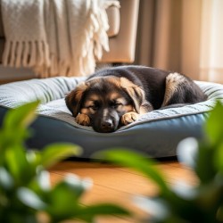 German Shepherd Puppy Getting Sleepy In Cozy Bed