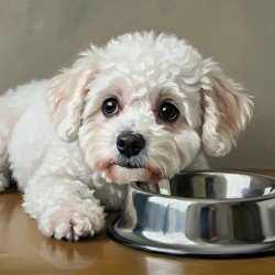 Patient Bichon Frise Puppy Waits By Food Bowl