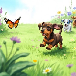 Dachshund Puppy Spots Beautiful Butterfly In Garden
