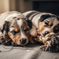 Australian Shepherd Puppy Rests After Playtime