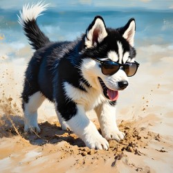 Husky Puppy Digging Excitedly In Beach Sand