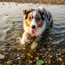 Playful Australian Shepherd Puppy Splashes In Shallow Tide Pool