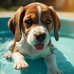 Tired Beagle Puppy Rests In The Kiddie Pool