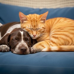 Puppy And Cat Snuggle Together Peacefully