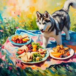Husky Puppy Discovers Picnic Spread