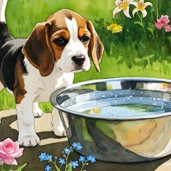 Little Beagle Puppy Discovers Water Bowl