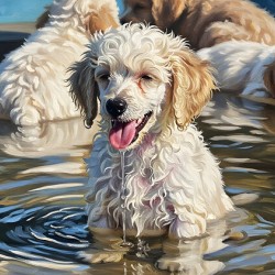 Poodle Puppy Cooling Off In A Pond