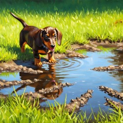 Dachshund Puppy Discovers Muddy Puddle