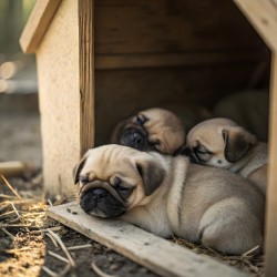 Pug Puppy Settles Comfortably With Sleeping Friends