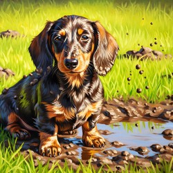 Muddy Dachshund Puppy Sits Contentedly