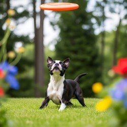 Boston Terrier Puppy Ready To Leap For Frisbee