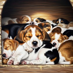 Beagle Puppy Sleeps Peacefully With Puppy Pile