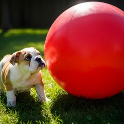 Bulldog Puppy Discovers Giant Red Ball