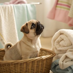 Pug Puppy Discovers Cozy Laundry Basket