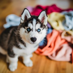 Husky Puppy Discovers Laundry Pile