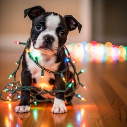 Boston Terrier Puppy Discovers Sparkling Christmas Lights