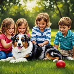 Tired Australian Shepherd Puppy Rests With Children