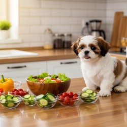 Happy Shih Tzu Puppy In Tidy Kitchen After Cooking