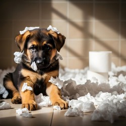 German Shepherd Puppy Sits Among Paper Destruction