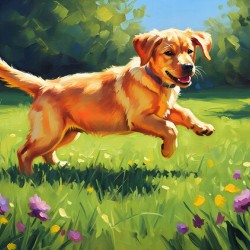 Happy Labrador Puppy Playing In Sunny Garden