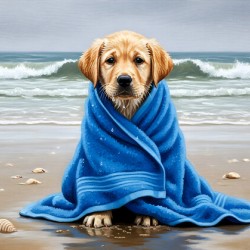 Shivering Labrador Puppy Wrapped In Beach Towel
