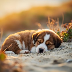 Bulldog Puppy Naps In Sandy Bed