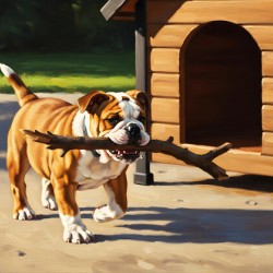Happy Bulldog Puppy Successfully Brings Stick To Dog House