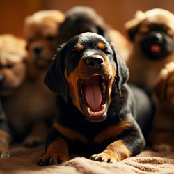 Rottweiler Puppys Big Yawn With Friends