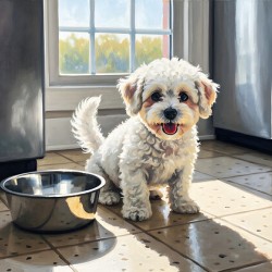Bichon Frise Puppy Discovers Empty Food Bowl