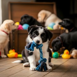 Border Collie Puppy Enjoys Playing With New Rope Toy