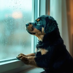 Hopeful Rottweiler Puppy Anticipates End Of Rainy Weather