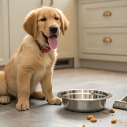 Satisfied Golden Retriever Puppy After Finishing Meal