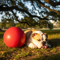 Exhausted BulldogPuppy Rests By Giant Ball