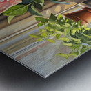 French Bulldog Puppy Sits Alert On Blue Cushion Metal print