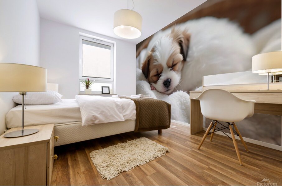 Peaceful Shih Tzu Puppy Sleeps In Cream Towels Mural print