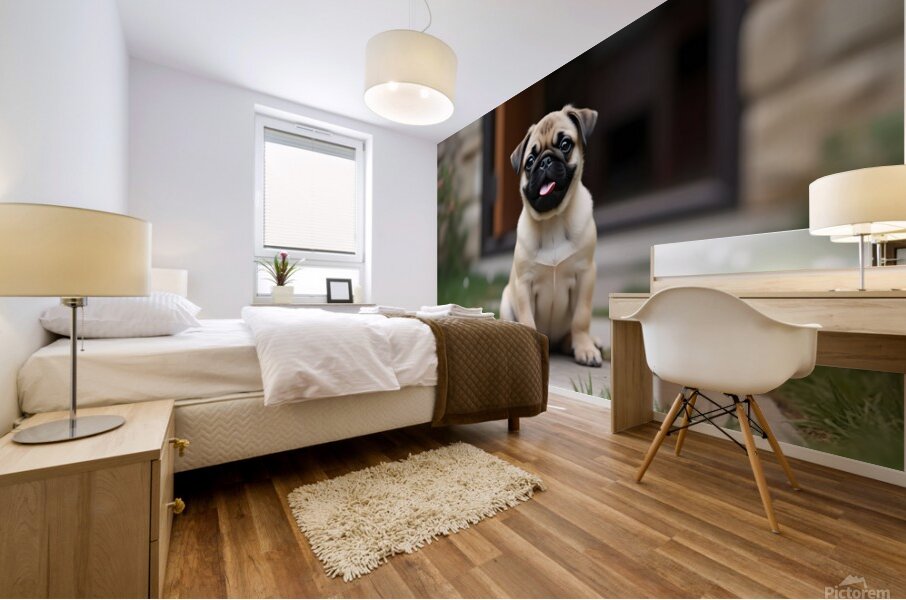 Tan and black Pug puppy with a wrinkled face sits proudly on a stone patio Mural print